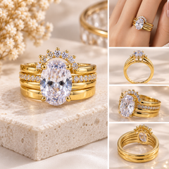 Gold Tone Stainless Steel Oval Crystal Halo Multi Band Ring