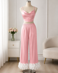 Women's Satin Pajama Set with Ruffle Hem