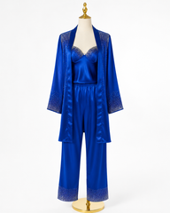 Women's Royal Satin Rhinestone 3-Piece Pajama Set with Robe
