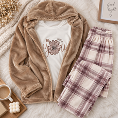 3 Pcs Plush Fleece Pajama Set with Hooded Jacket Beige & Plaid