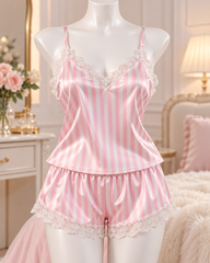 Pink Striped Satin Cami Pajama Set with Lace Trim