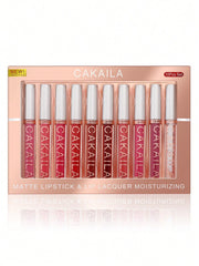 CAKAILA Matte Lipstick and Lip Lacquer Moisturizing 10 pcs