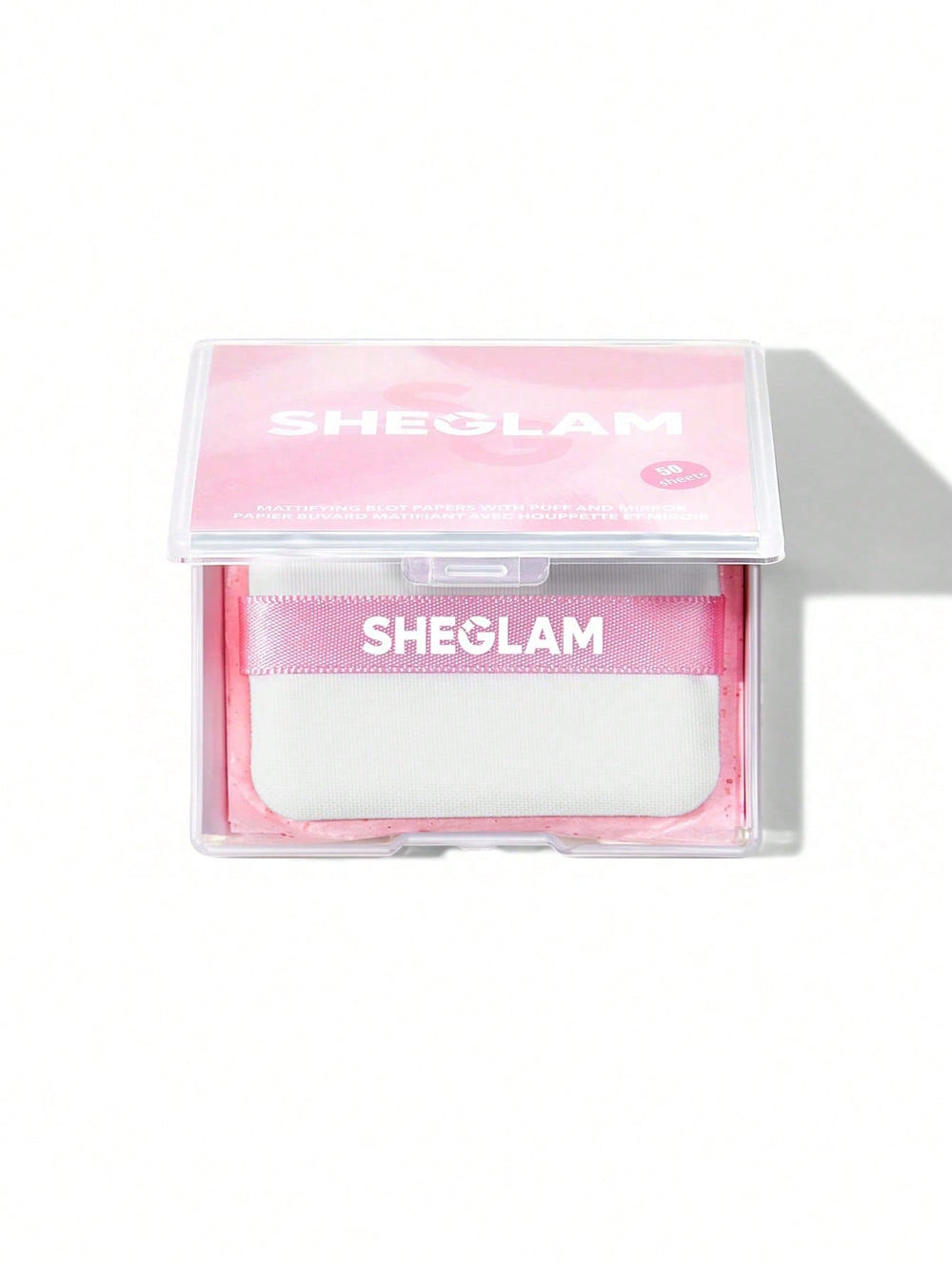 sheglam mattifying blot papers with puff and mirror pink