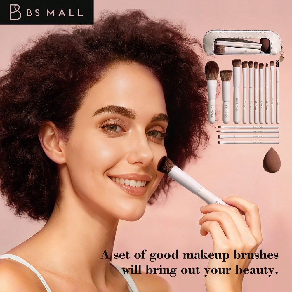 BS-MALL 14Pcs makeup brush set with Bag- Begie