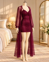 Burgundy Glitter Ruched Lingerie Set with Sheer Long Robe 2 Piece