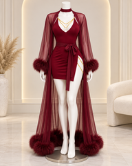Black Feather Trim Robe & Mini Dress Set