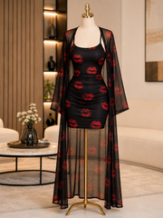 Black Lip Print Mini Dress & Robe Set