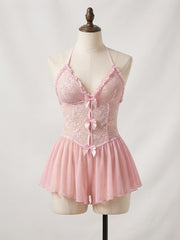 V-Neck Lace and Chiffon Halter Babydoll Lingerie