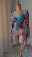 Women's Blue Floral Mesh 2 Pcs Lingerie Set