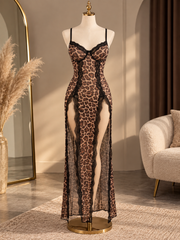 Leopard Print Lace Lingerie Dress Long Nightwear