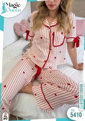 Women's Pink Striped Heart Print Pajama Set