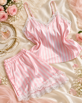 Pink Striped Satin Cami Pajama Set with Lace Trim