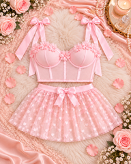 Pink Floral Corset Lingerie Set with Heart Tulle Skirt
