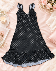 Black Polka Dot Sleeveless Nightdress with Ruffle Hem