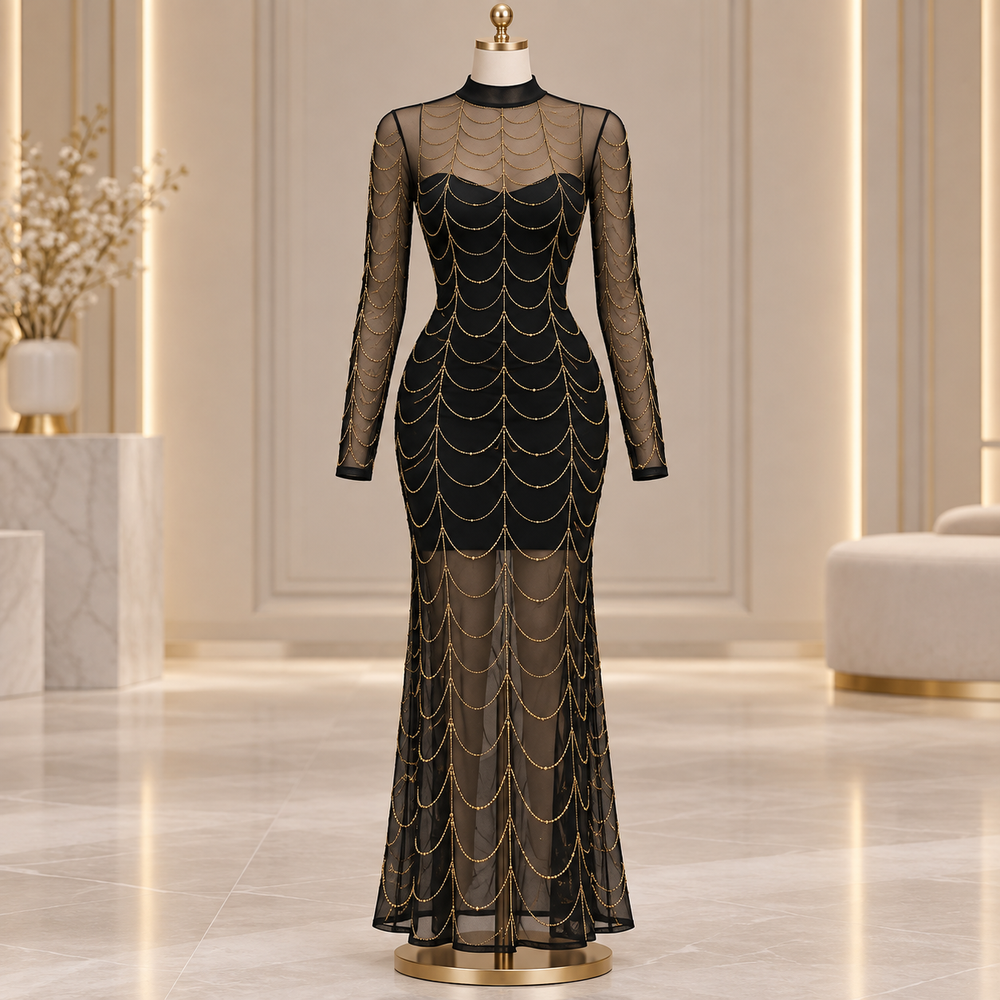 Black Sheer Mesh Maxi Lingerie Dress with Gold Chain Detail