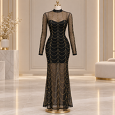 Black Sheer Mesh Maxi Lingerie Dress with Gold Chain Detail