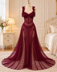 Burgundy Floral Lace Corset Lingerie Gown with Sheer Maxi Skirt