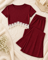 Burgundy Lace Trim Crop Top Pajama Set with Flared Pants