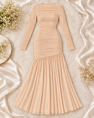 Champagne Ruched Long Sleeve Maxi Dress with Flared Hem