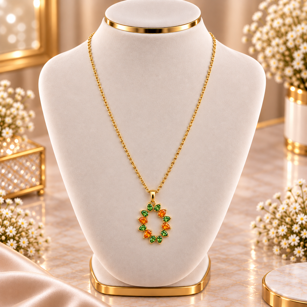 Gold Stainless Steel Green & Orange Crystal Pendant Necklace