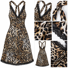 Leopard Animal Print Lace Trim Sleeveless Nightdress