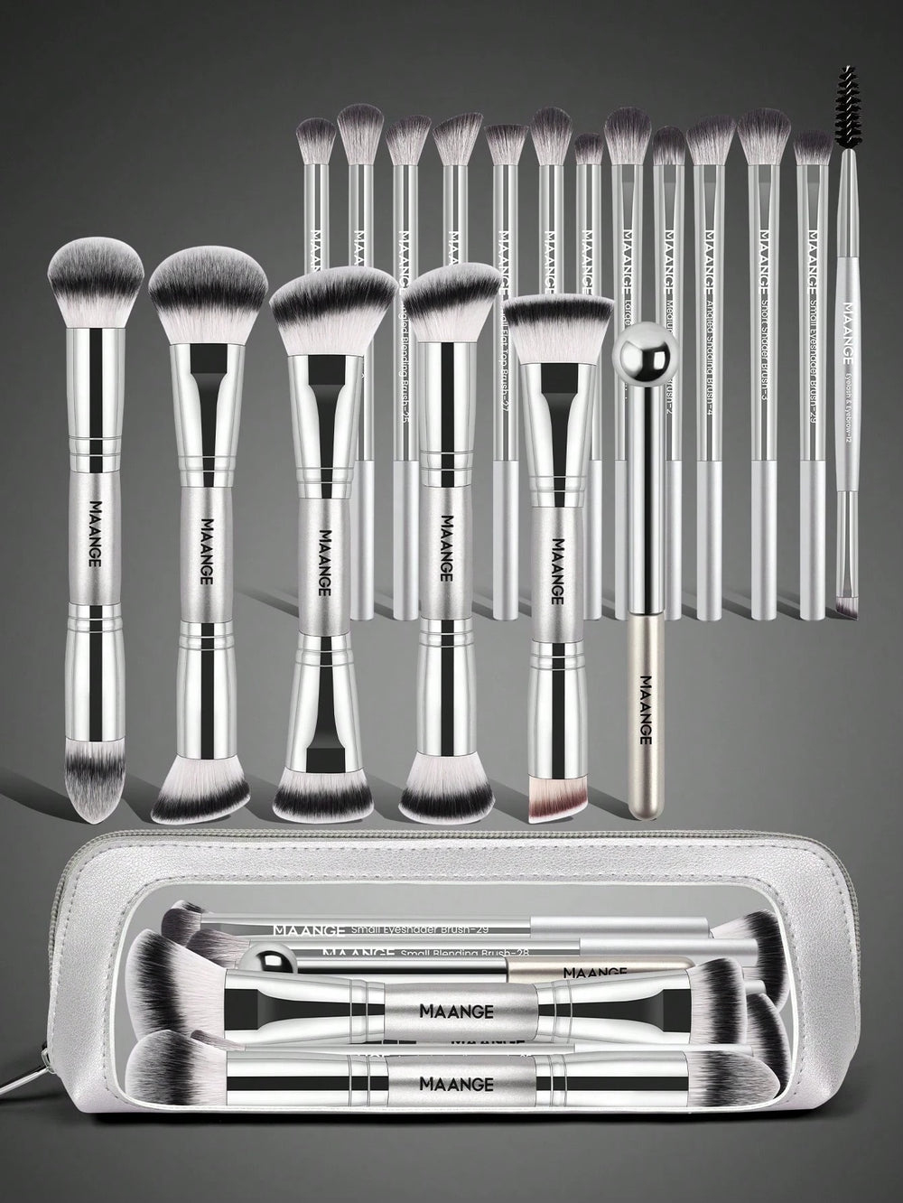 Maange 19Pcs Double Ended Makeup Brush Silver With Bag