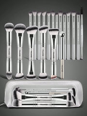 Maange 19Pcs Double Ended Makeup Brush Silver With Bag