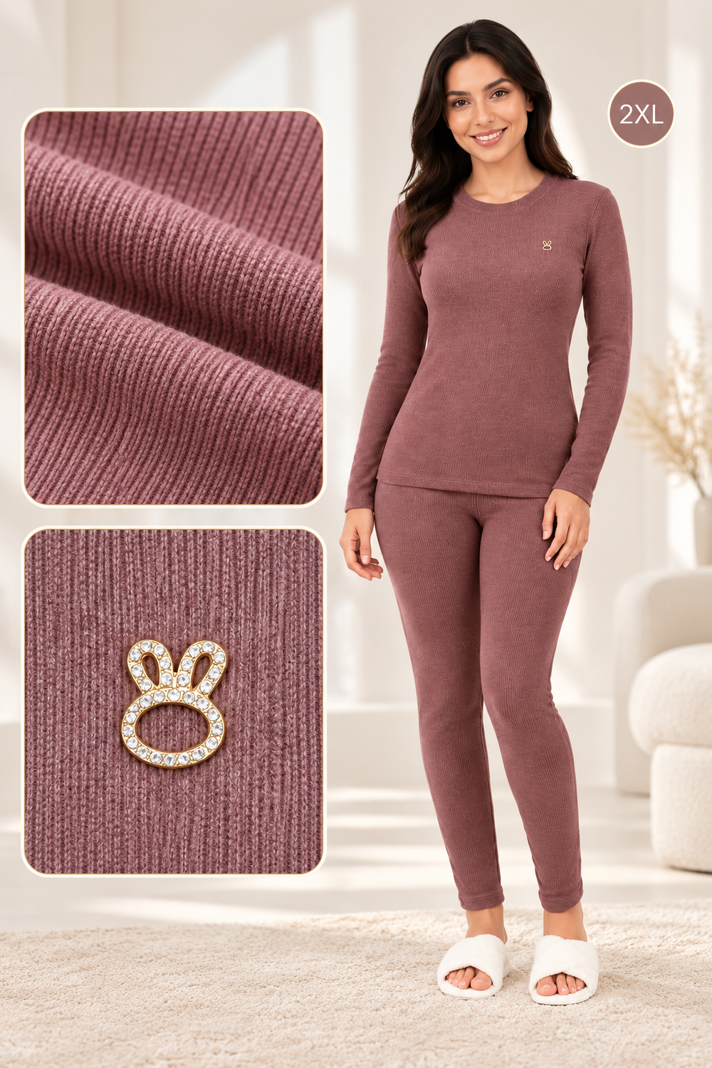 Mauve Ribbed Pajama Set 2 Pcs