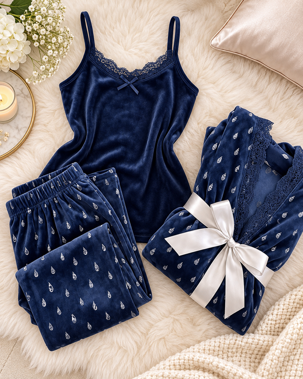 Navy Velvet 3 Piece Pajama Set with Lace Cami, Pants & Robe