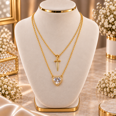 Stainless Steel Layered Sword & Crystal Heart Necklace