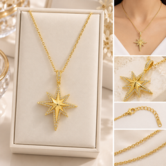 Stainless Steel North Star Pendant Necklace with Crystal Details