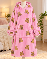 Teddy Bear Print Fleece Hooded Mini Dress