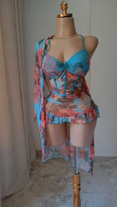 Women’s Blue Floral Mesh 2 Pcs Lingerie Set
