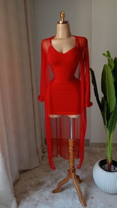 Women’s Red Mesh Bodycon Mini Dress with Long Sheer Robe