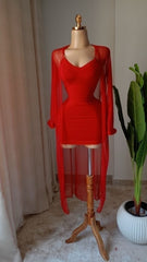 Women’s Red Mesh Bodycon Mini Dress with Long Sheer Robe