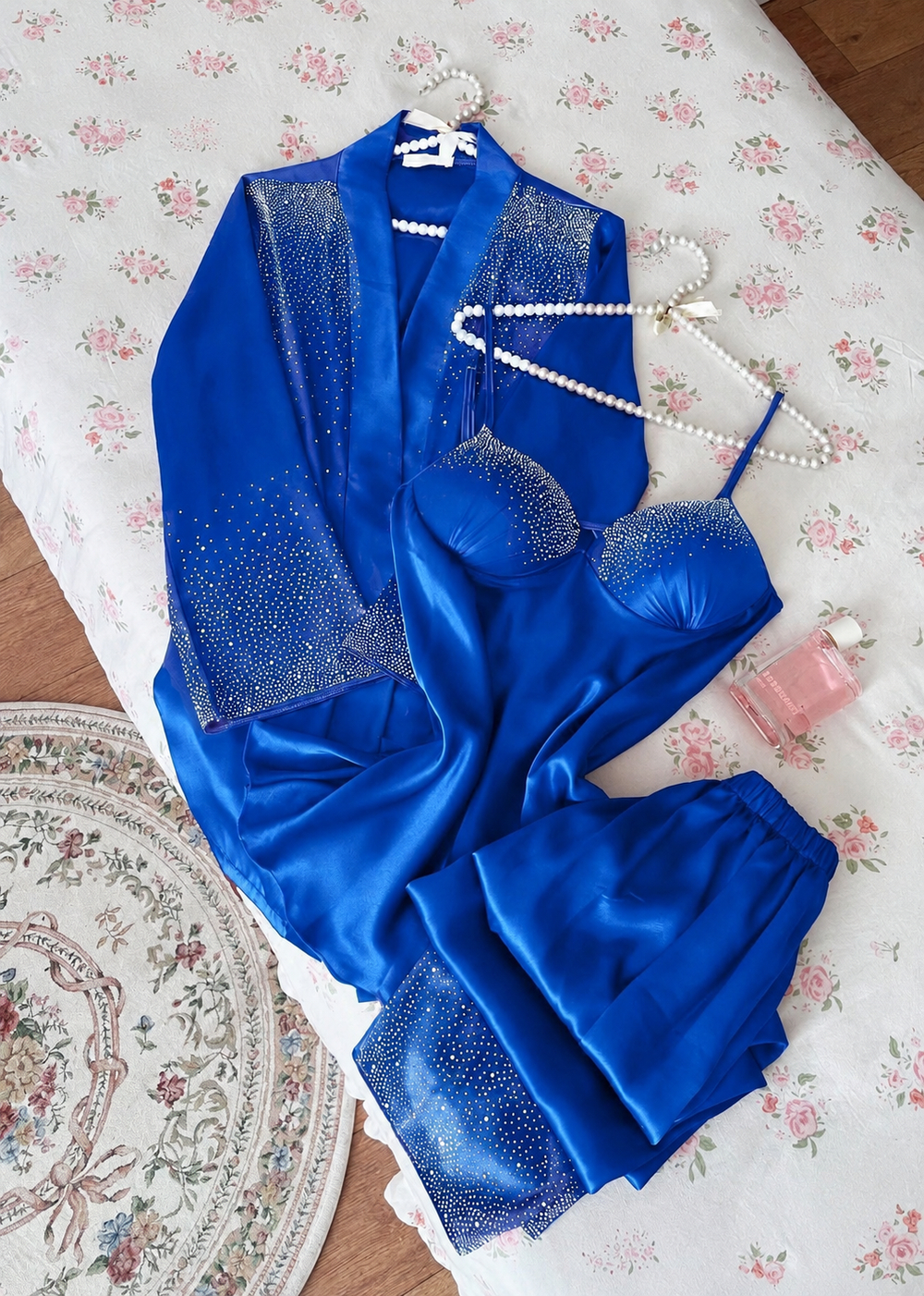 Women’s Royal Satin Rhinestone 3-Piece Pajama Set with Robe