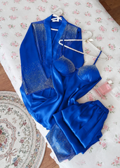 Women’s Royal Satin Rhinestone 3-Piece Pajama Set with Robe