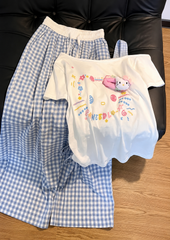 Women's Blue Gingham Pajama Set with White Graphic T-Shirt