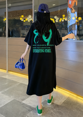 Women's Black Oversized Graphic Maxi T-Shirt Dress