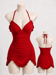 Women's Emerald Ruched Halter Mini Dress with Ruffle Trim