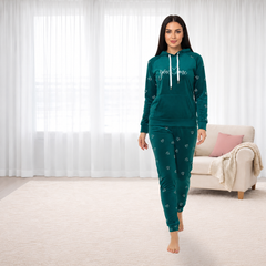 Teal Green Hooded Pajama Set with Heart Print Pants 2Pcs