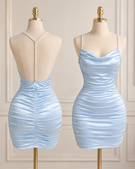 Women's Satin Ruched Bodycon Mini Dress with Pearl Straps