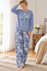 Dusty Blue Floral Sweatshirt & Wide Leg Pajama Set