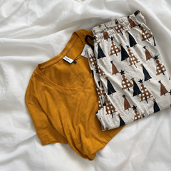 Women's Mustard Christmas Tree Print Pajama Set