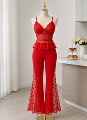 Women's Lace Cami & Sheer Mesh Flared Pants Pajama Set