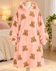 Teddy Bear Print Fleece Hooded Mini Dress