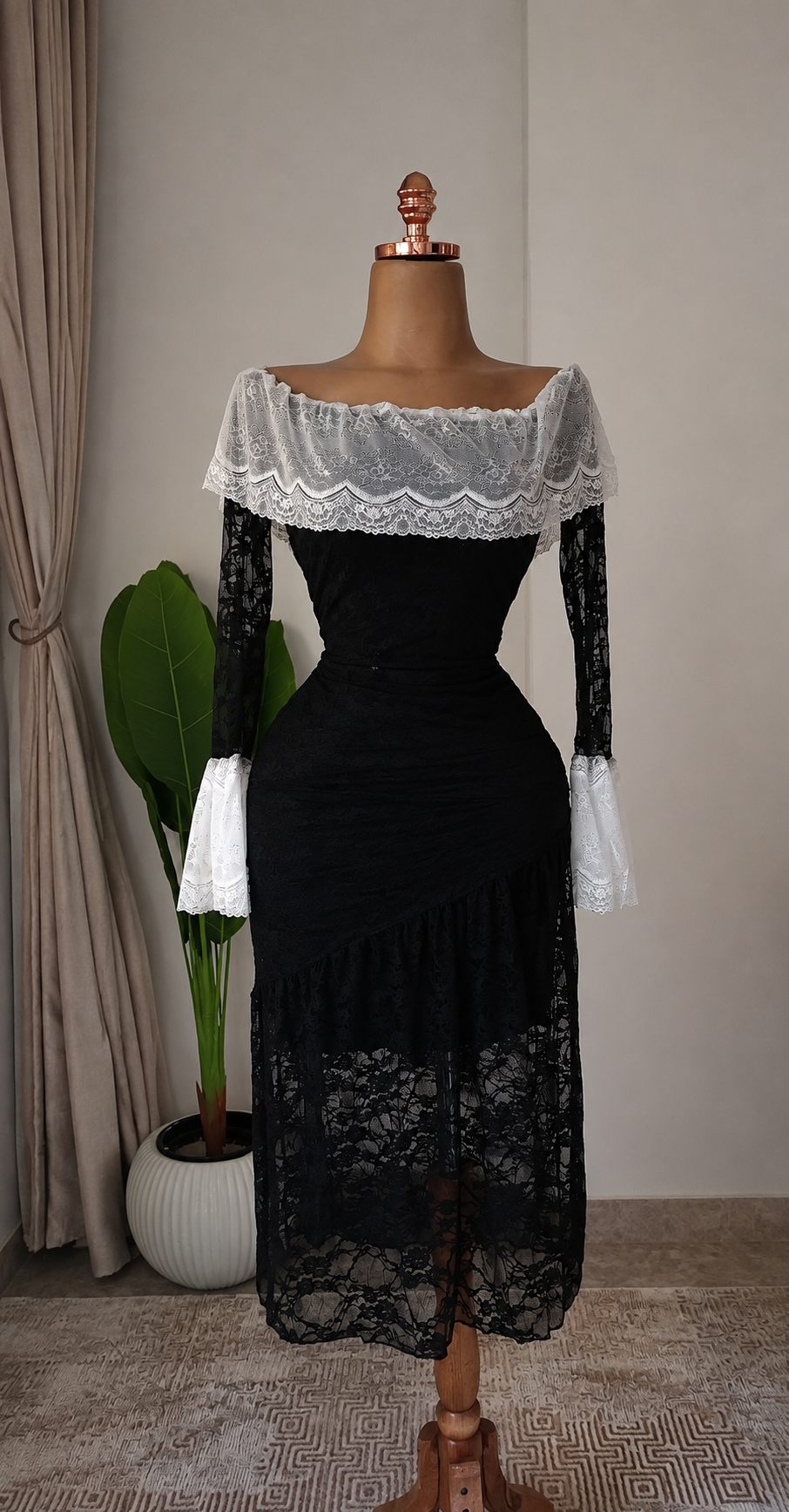 Black Lace Off-Shoulder Midi Dress