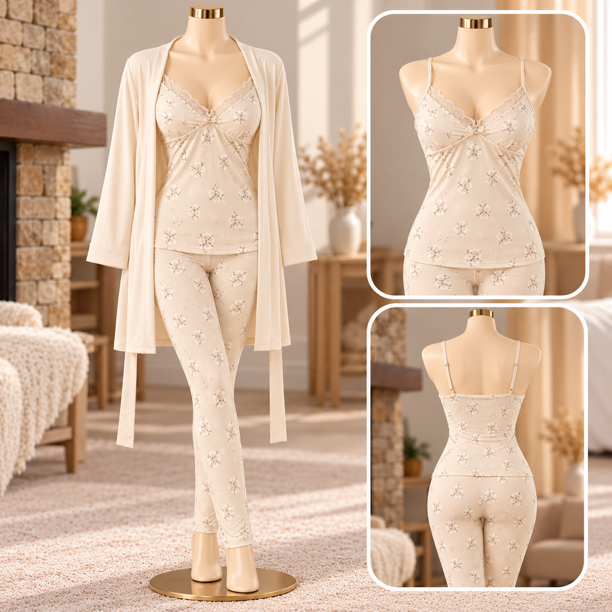 Off-White Floral 3 Pcs Pajama Set