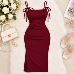 Ruched Bodycon Midi Dress with Bow Tie Straps