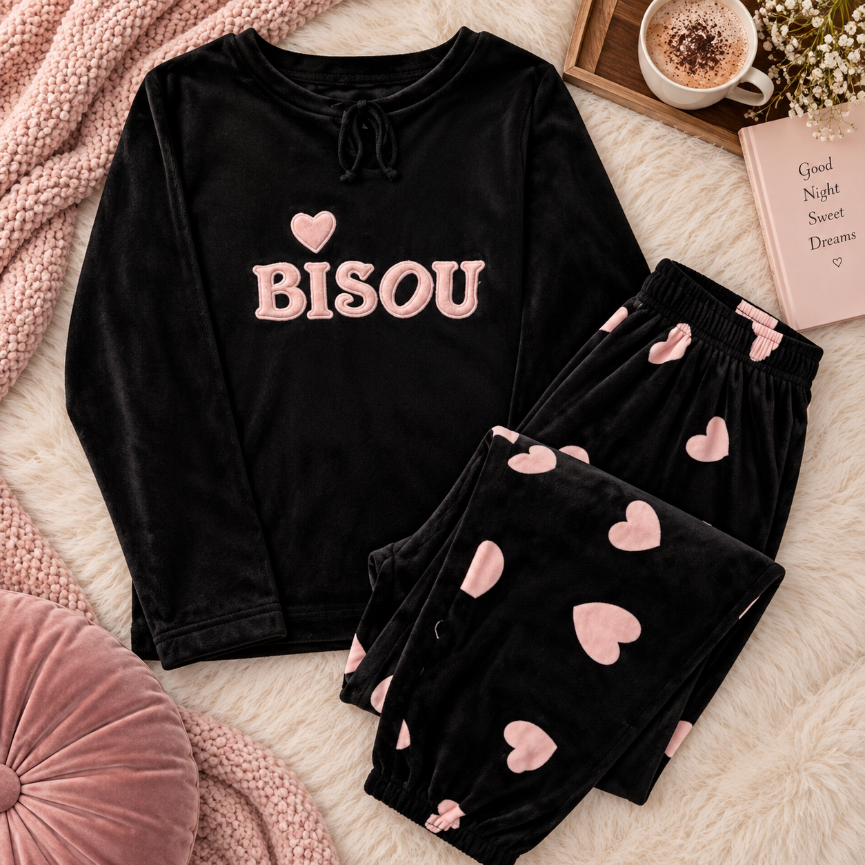 Black Velvet Heart Print Winter Pajama Set Big Size